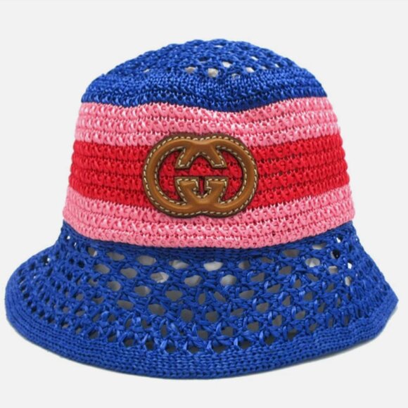 NWT GUCCI Interlocking GG Leather Logo Raffia Effect Bucket Hat - Picture 1 of 7